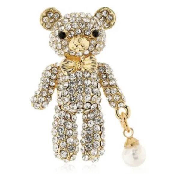 Gold Tone Pave Clear Rhinestones Teddy Bear Dangle Pearl Brooch Pin - Picture 1 of 3